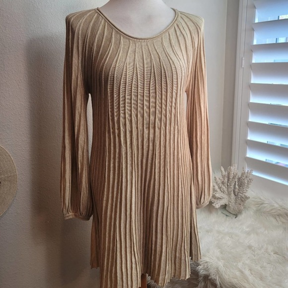 MAX STUDIO A-LINE SWEATERDRESS PLEATED BEIGE TONE LONG SLEEVE WOMEN'S SIZE LARGE - Picture 6 of 12